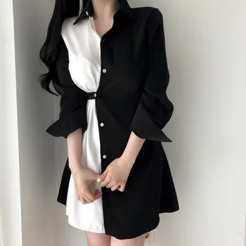 

CBAFU patchwork black whiter long shirt chiffon women blouse casual office work wear tops female blusa loose long blouses P830