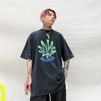 

Men Print Broken Hole Washed Vintage Fashion Streetwear Hip Hop Short Sleeve T-shirt Male Women Unisex Loose Tees Shirts
