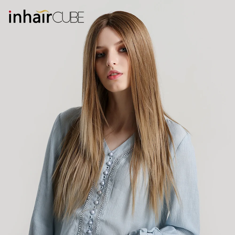 Inhaircube длинные прямые Омбре блонд кружевной передний парик синтетические волосы