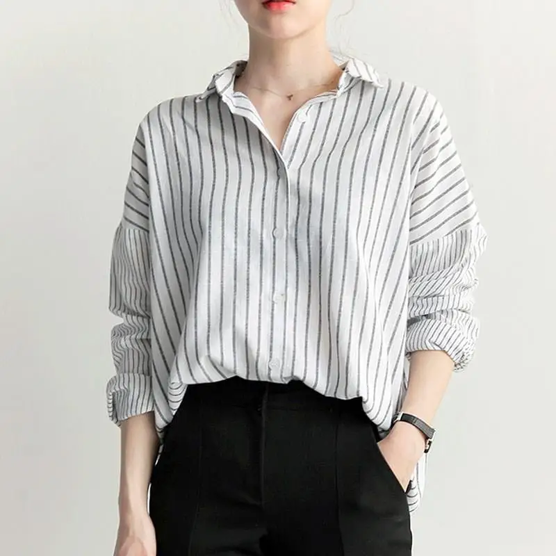 

Fashion Nice Women Autumn Plus Size Loose Striped Shirt Femme Casual Long Sleeve White Turn-Down Collar Blouse
