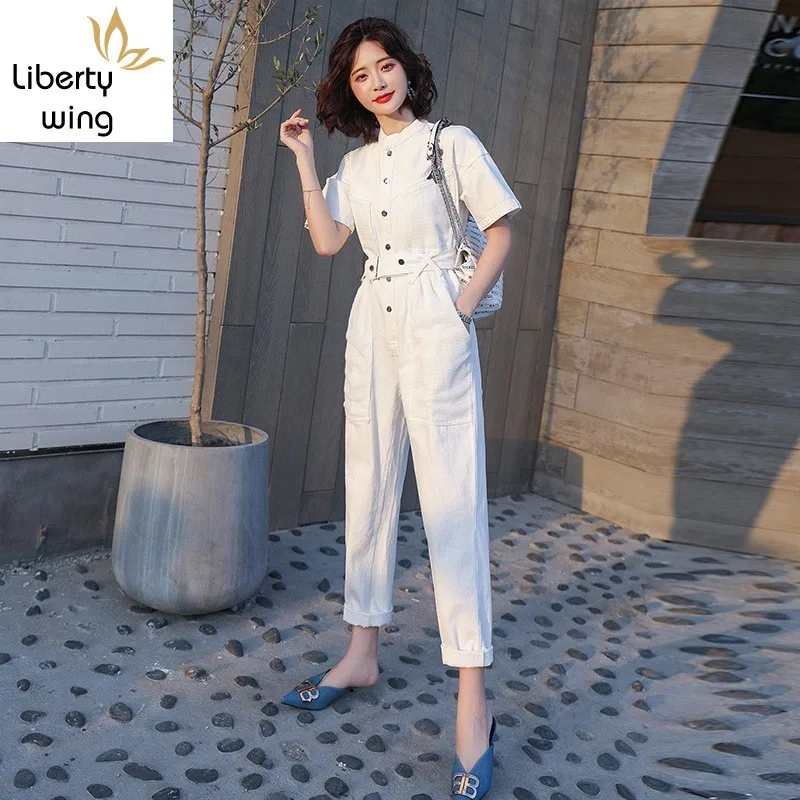 summer-new-solid-white-cargo-high-waist-straight-women-fashion-casual-sashes-short-sleeve-ladies-jumpsuits-hot