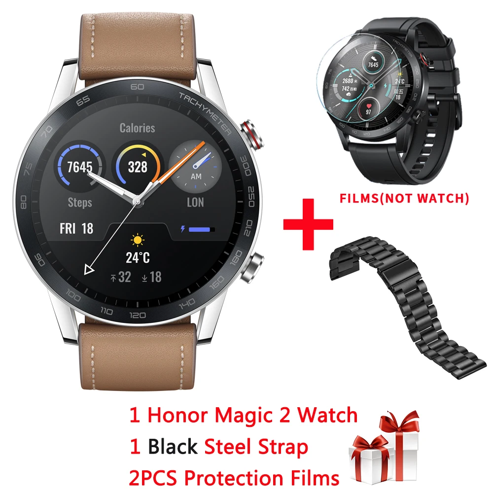Huawei Honor Magic 2 46 мм умные часы 15 спортивных моделей gps 14 дней Срок службы батареи 5 АТМ плавание крови кислородный трекер с Kirin A1 - Цвет: brown a black steel