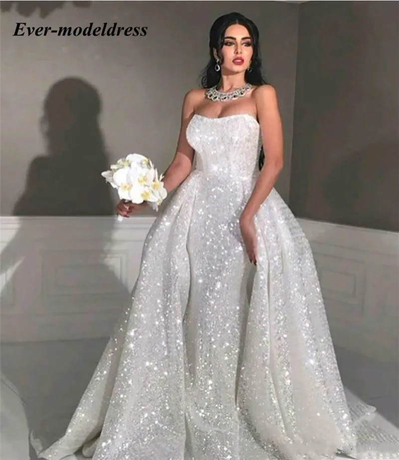 Shiny Arabic Mermaid Wedding Dresses With Overskirt Sleeveless Corset Back Mariage Gowns 2020 Vestido De Novia