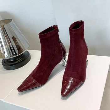 

2020 Newest Pointed Toe Women's Ankle Boots Sexy patchwork leather Female High Heels Pumps 2020 Winter Party Prom Shoes Woman