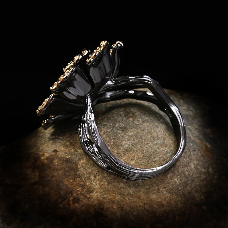 Exquisite Creative Blooming Flowers Stop Butterfly Ring Black Gold 925 Silver Jewelry Luxury Purple Shiny Zircon Ladies Ring silver ring,silver rings,rose flower ring,metal flower ring,enamel butterfly ring