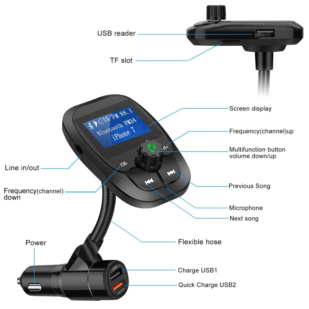 Беспроводной автомобильный комплект с ЖК-дисплеем и fm-передатчиком, Bluetooth, Handsfree, 360 Вращающийся Автомобильный MP3 аудио плеер с двумя USB, автомобильное зарядное устройство, поддержка TF