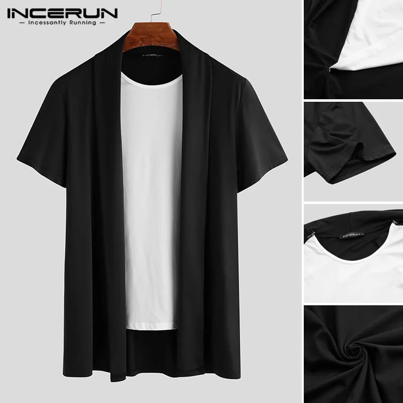 

2020 Summer Men's Short Sleeve Shirt Brand Casual Blouse Male Cardigan Patchwork Tops Man Black Loose Clothing INCERUN S-5XL
