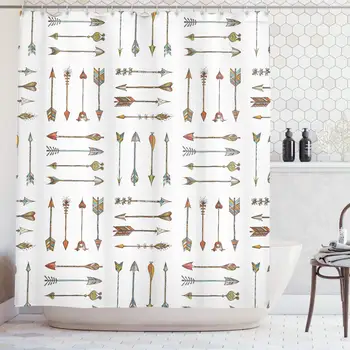

Vintage Style Colorful Symbols Cartoonish Design Polyester Fabric Shower Curtain Orange Tan White
