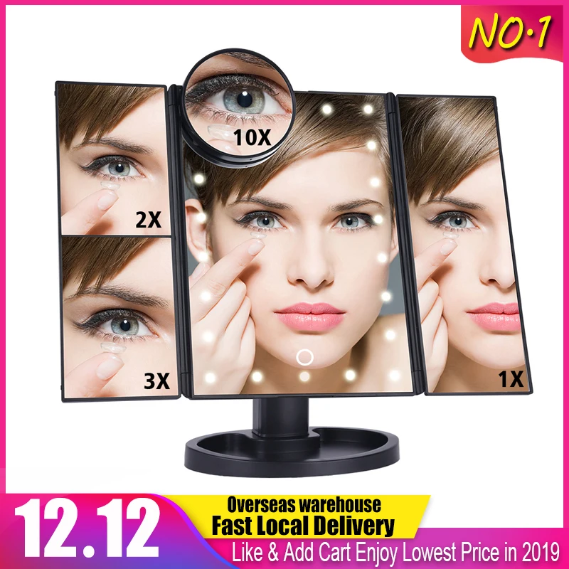

LED Touch Screen 22 Light Makeup Mirror Table Desktop Makeup 1X/2X/3X/10X Magnifying Mirrors Vanity 3 Folding Adjustable Mirror