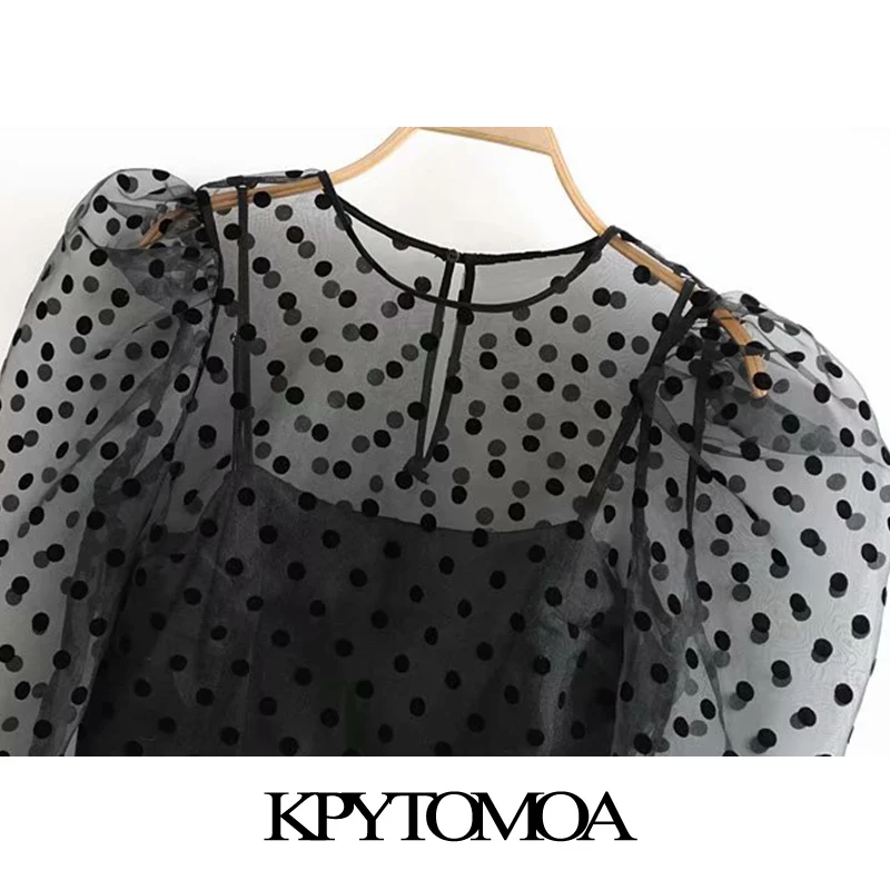 Винтажные сексуальные прозрачные блузки из органзы в горошек для женщин Модные женские рубашки с рукавом три четверти и буфами шикарный укороченный топ