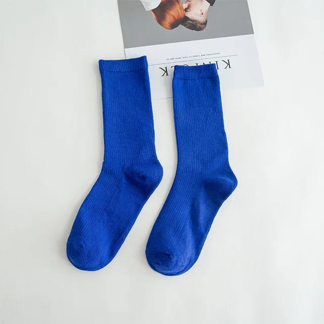 Solid color socks Ⅰ Middle tube Knitted Japanese Korea Loose Long Socks Women Pile Ins Soft Fashion girls Spring and Autumn longer  Royal Blue