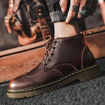 

Quality Leather Men Shoes Spring Autumn Casual Ankle Boots Outdoor Motorcycle Boots Military Lace-Up Business Brogue Footwear