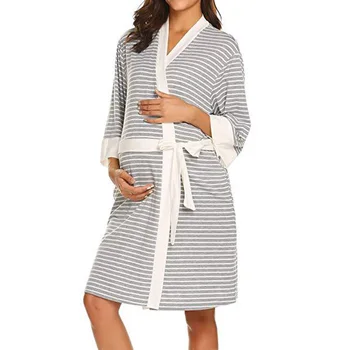 

Soft Knee Length Maternity Robe Nursing Gown Home Hospital Pregnant Striped Breastfeeding Dress Tie Waist Daily Labor Delivery