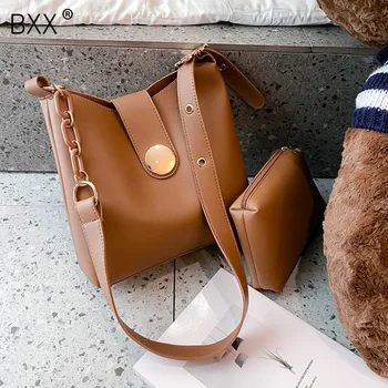 

[BXX] 2 Pcs/Set Solid Color PU Leather Bucket Bags For Women 2020 Fashion Chain Crossbody Bag Female Shoulder Bag Handbags HO055