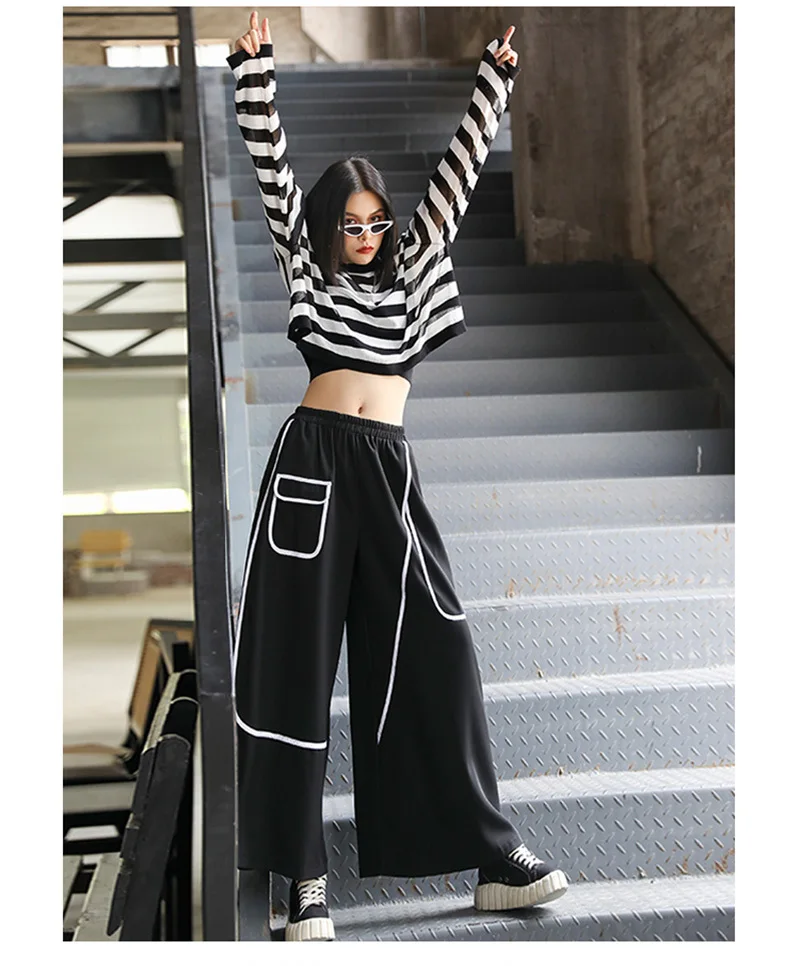 [EAM] High Elastic Waist Black Pocket Split Long Wide Leg Trousers New Loose Fit Pants Women Fashion Spring Autumn 2020 1X812