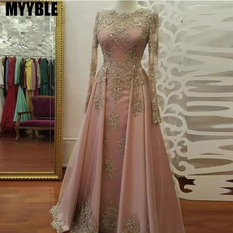 MYYBLE Elegant Long Sleeves Evening Gowns Slash Neck Appliques Beading Tulle Pink Floor Length Women Dresses Formal Prom Gowns