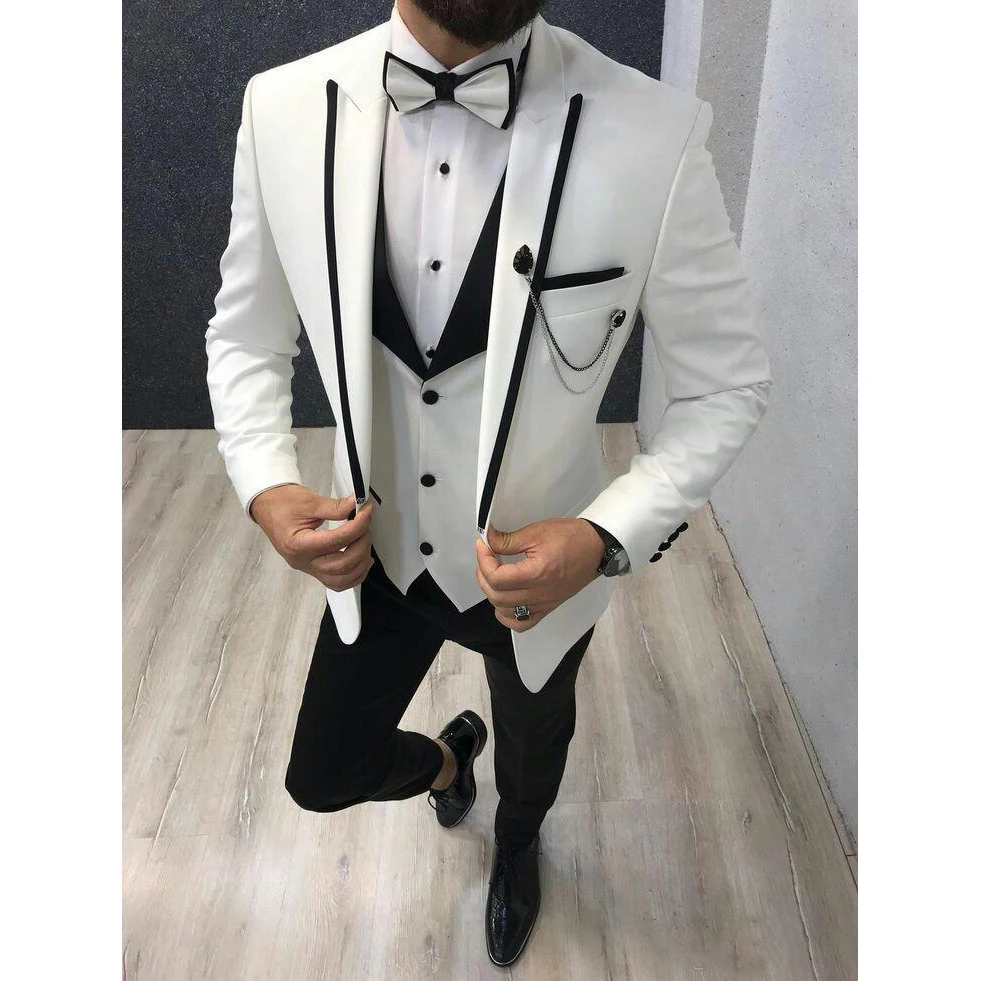 Latest White Suits for Wedding Tuxedos Groom Wear Black Peaked Lapel Groomsmen Outfit Man Blazers 3 Pieces Costume Homme