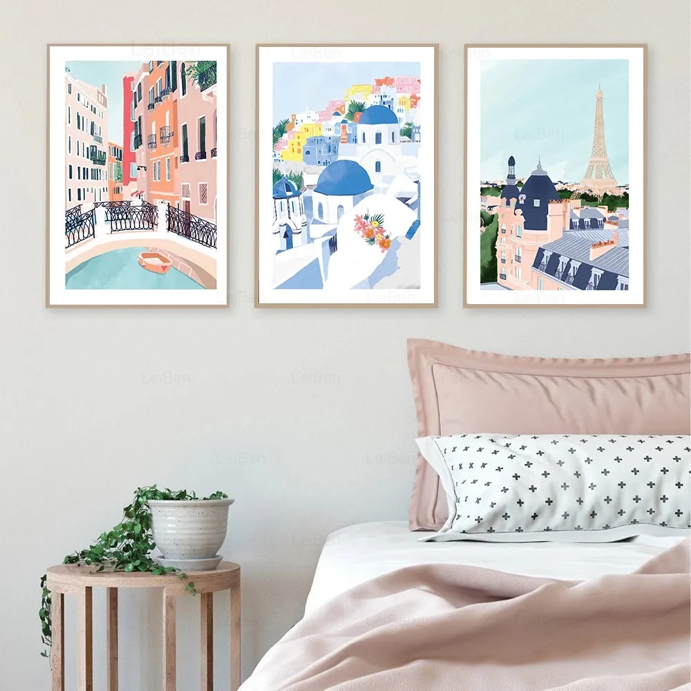 Anime Travel Cities Landscape Poster Morocco New York Scenery Wall Art Canvas Pictures for Living Room Decor Interior Paintings