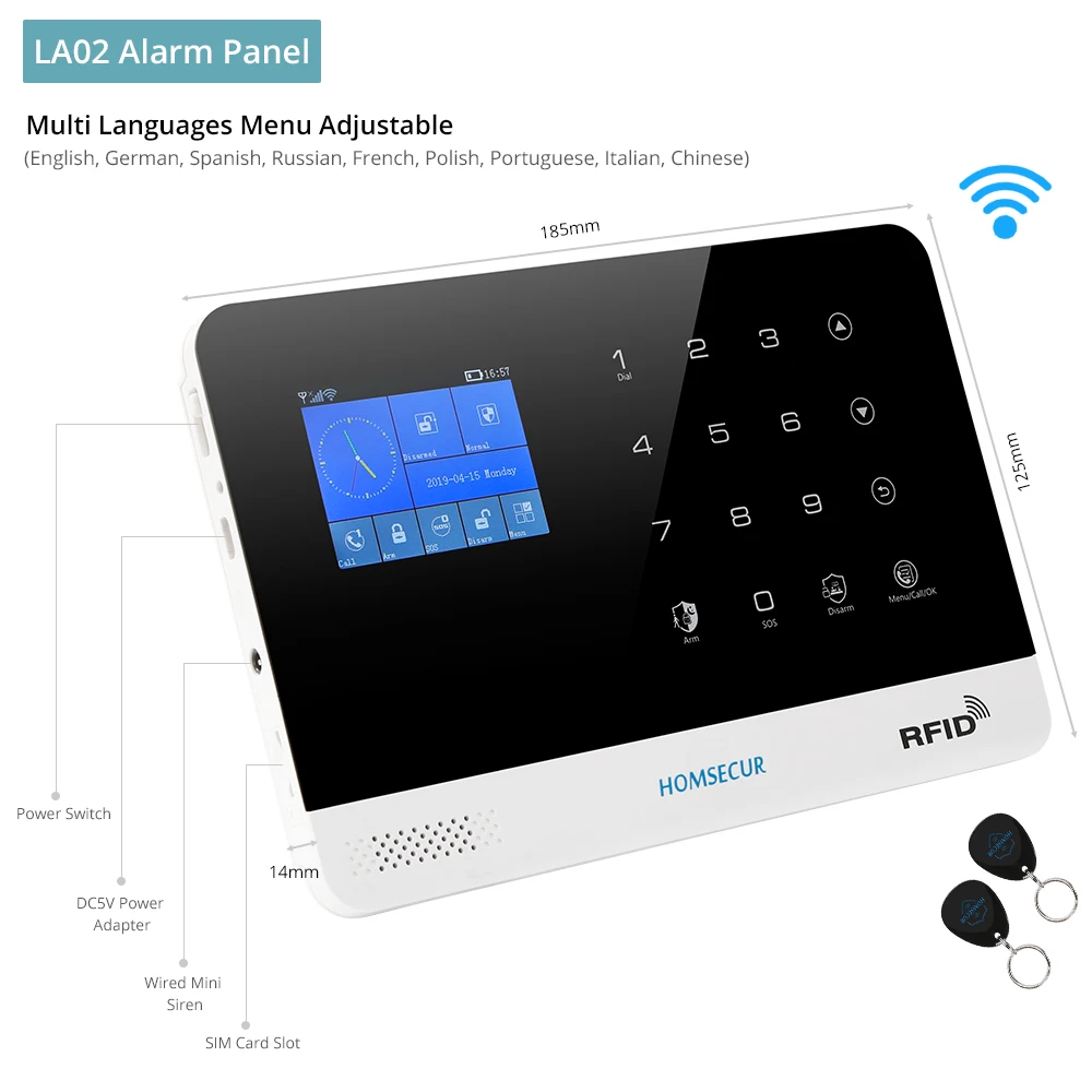 HOMSECUR DIY беспроводная домашняя безопасность wifi GSM Сигнализация приложение пульт дистанционного управления RFID карта Arm Disarm(панель сигнализации LA02 PIR и т. д