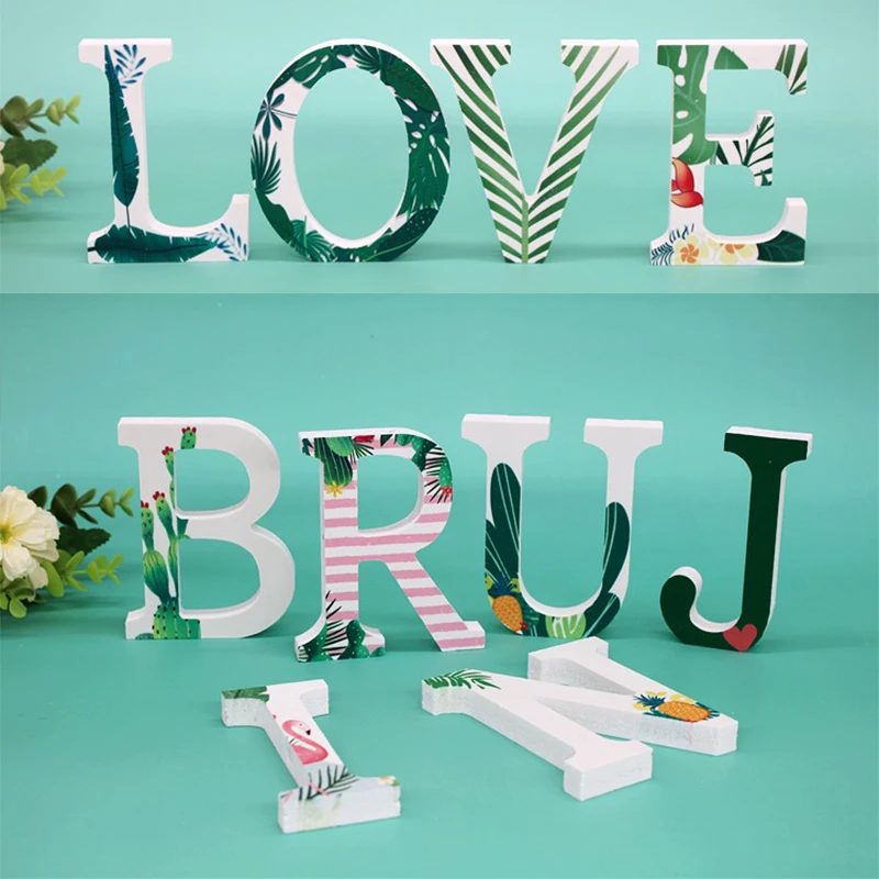 1pc Creative 3D Wooden Letters Tropical Plant Pattern Diy Personalised Name Design Art Craft Wedding Birthday Party Home Decor