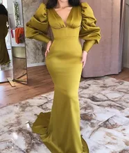 

Dark Sage Mermaid Evening Party Dress Abendkleider Long Puffy Sleeve Fashion Formal Prom Gown Abiye Arabic robe de soiree