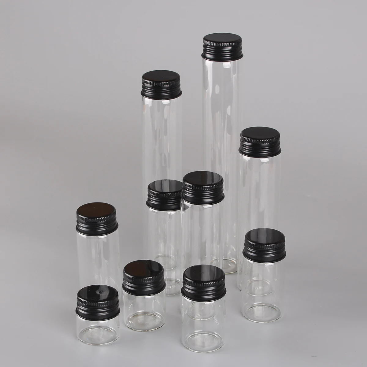 Assorted Glass Bottles with Black Aluminum Caps - Set of 12 Essential Potion and Spice Jars