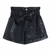 Женские шорты-бермуды из искусственной кожи с бантом, женские шорты с завышенной талией и карманами, повседневные шикарные шорты на молнии P563
