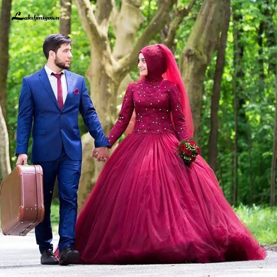 Latest Burgundy Muslim Wedding Dress With Hijab 2020 Long Sleeve Lace Appliques Bridal Dresses Vestidos Crystal Wedding Gowns Aliexpress