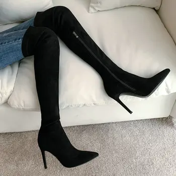 

2020 New Fashion Stretch Matte Fabric Ladies Socks Boots Zipper Pointed Over the Knee Women's Shoes Super High Heel Size 34-43