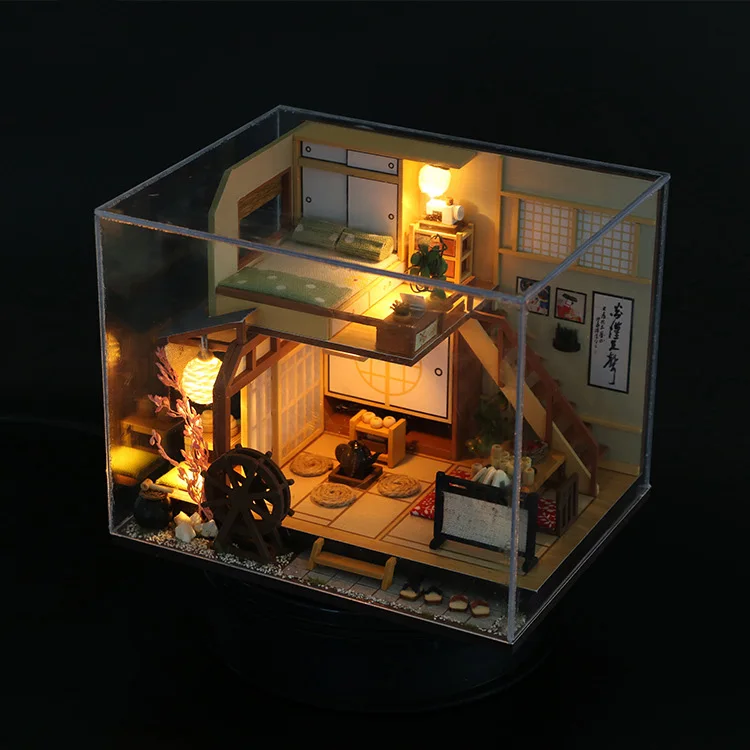 Кукольный дом Diy Миниатюрный 3D Деревянный миниатюрный кукольный домик японский стиль мебель строительные наборы игрушки для детей рождественские подарки - Цвет: With dust cover