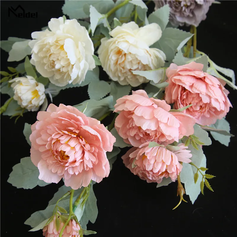 Meldel Fake Peony Flower Artificial 3 Heads Peony Silk Flowers Pink White Romantic Home Wedding Decorations DIY Bridal Bouquet