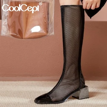 

CoolCept Women Summer Shoes Square Heel Woman Knee High Boots Fashion Sexy Party Nigh Club Shoes Woman Footwear Size 34-39