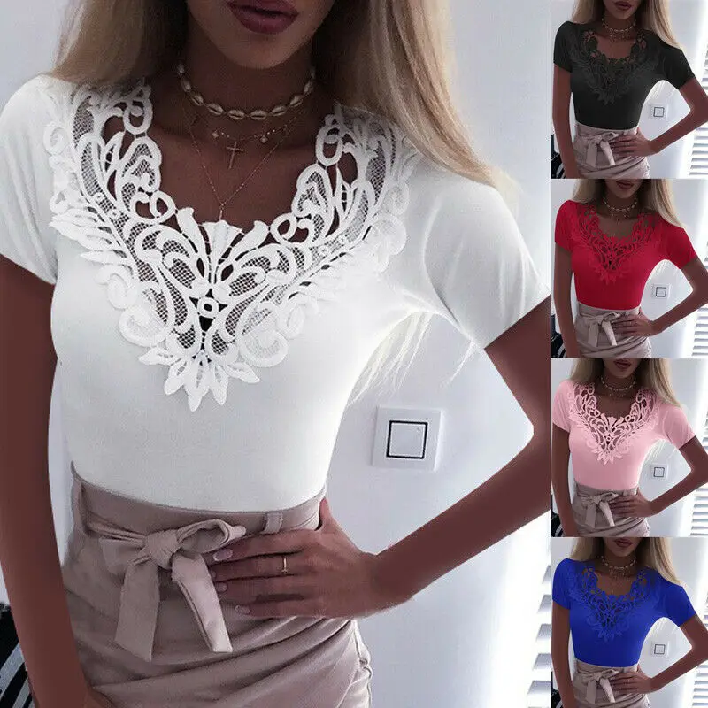 

New Women Slim Tunic Lace V Neck T-shirt 2020 Sexy Elegant Summer Short Sleeve T Shirt Lace Flower Plus Size Tops T-shirts S-5XL