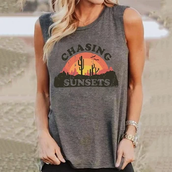 

Letter Print Tank Tops Sunset Vest Women Summer Sleeveless Tee 2020 New Women Tanks Top Casual O-neck Female Tee Shirts Gray Tee