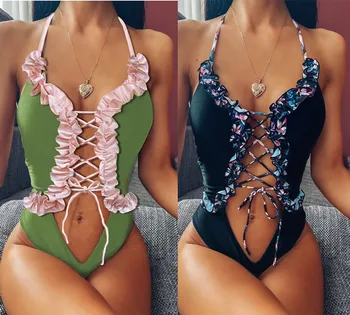 

Sexy Printing Floral One Piece Swimsuit Women Monokini Backless V-neck Push Up Padded Bikini Swimsuit Swimwear Bathing Suit