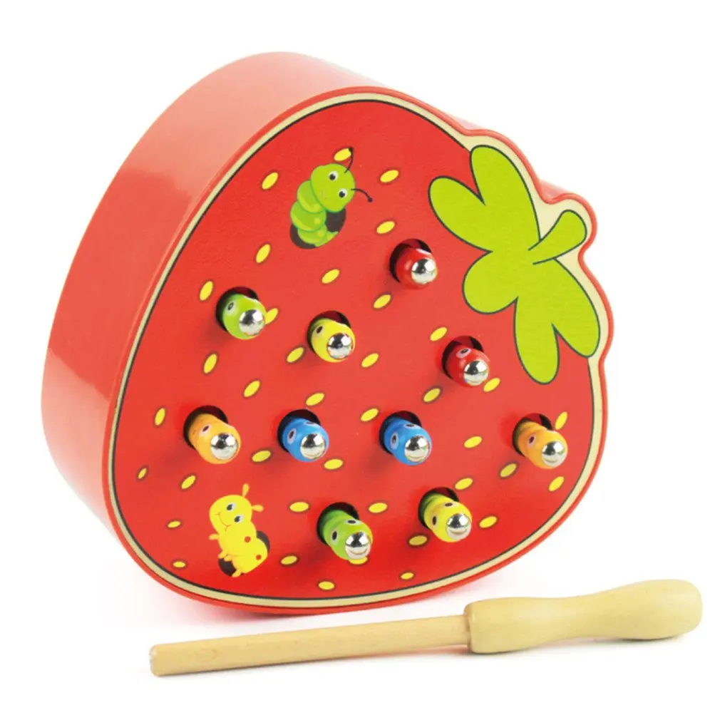 Новинка! Детские деревянные игрушки в форме фруктов, Лови червей, игры с магнитной палкой, Обучающие блоки существ Монтессори, интерактивные игрушки - Цвет: strawberry