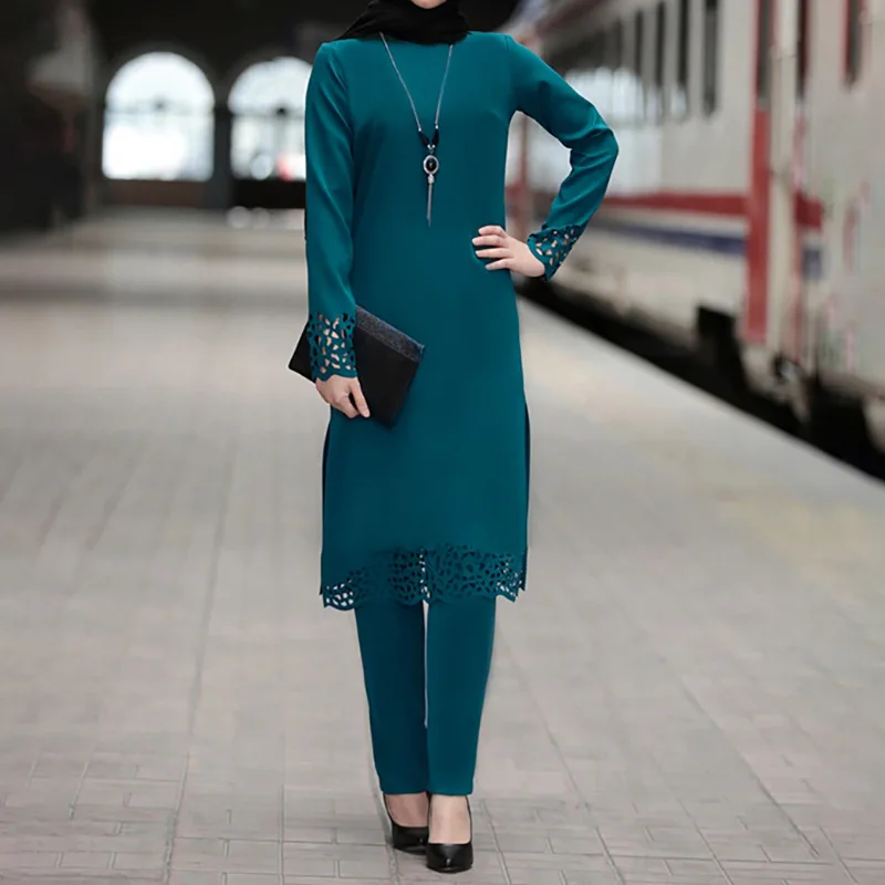  - 2PCS Abaya Turkey Muslim Islamic Clothing Women's Spring Autumn Blouse Long Pants Long Sleeve Shirts Dress Female Outfits