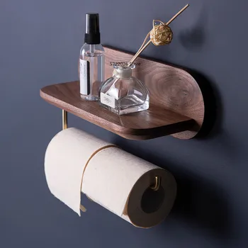 

Nordic bathroom wall-mounted paper towel rack household toilet paper holder creative solid wood brass paper roll storage rack