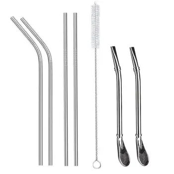 

Stainless steel straw reusable 7-piece set, Bombilla straw cleaning brush for smoothies, milkshakes and hot coffee