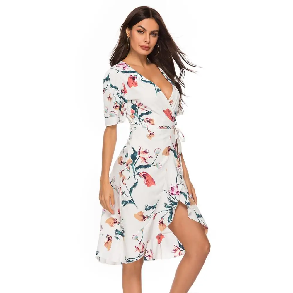 

New Popular 2020 Summer Beach Dress Women V-neck Short Sleeve Bohemian Floral Print Chiffon Dresses Casual Wrap Female Vestidos