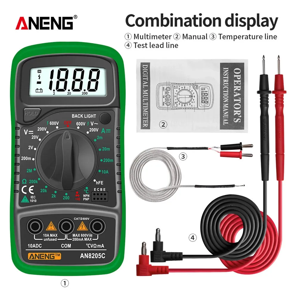 ANENG AN8205C Digital Multimeter AC/DC Ammeter Volt Ohm Tester Meter Multimetro Thermocouple LCD Backlight Portable digital multimeter multimeter tester