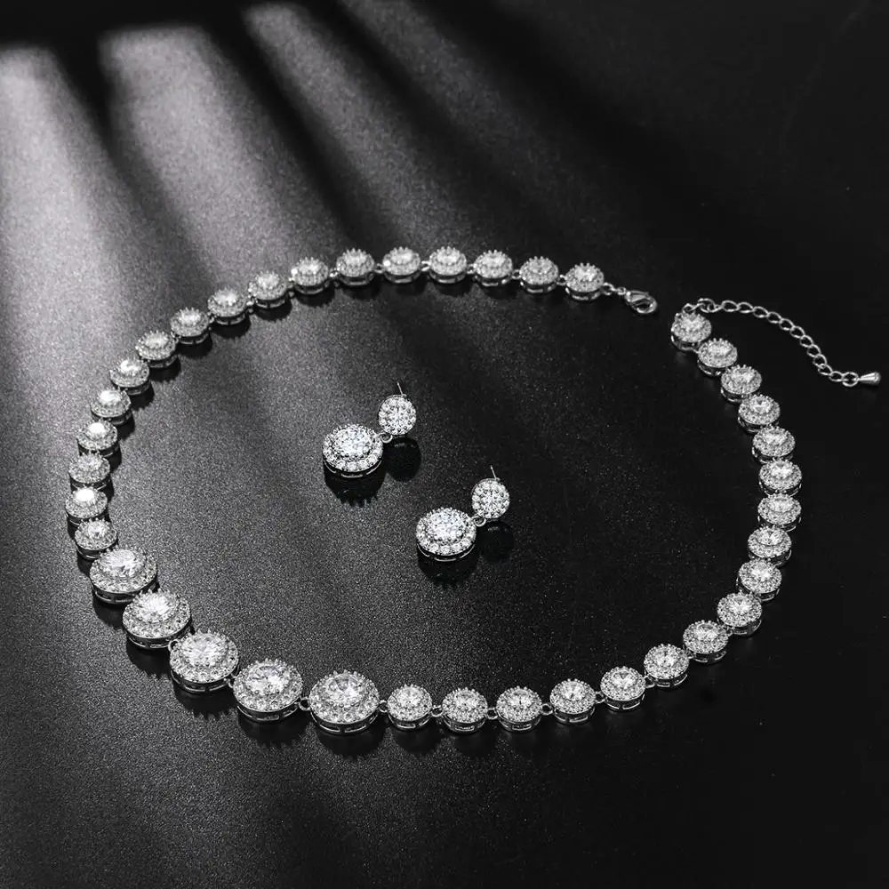 WEIMANJINGDIAN New Arrival Round Cut Icy Cubic Zirconia CZ Crystal Halo Tennis Necklace and Earring Wedding Bridal Jewelry Set | Украшения