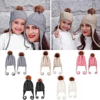 

Bobble Knitted Double Braid Beanie Hat Bobble Cap Winter Parent-child Accessory Ornamental and Practical Integration
