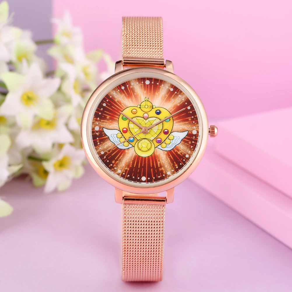 Сейлор Мун женские кварцевые часы розовое золото нержавеющая сталь/кожаный ремешок женские часы Аналоговые часы Девушки наручные часы reloj mujer