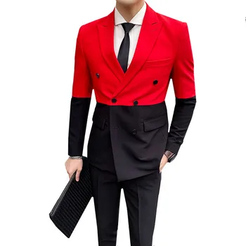 

New Men's Patchwork Suit Jacket Korean Man Blazer Double breasted Slim fit Casual Formal Wedding 2piece Suit Prom Blazers