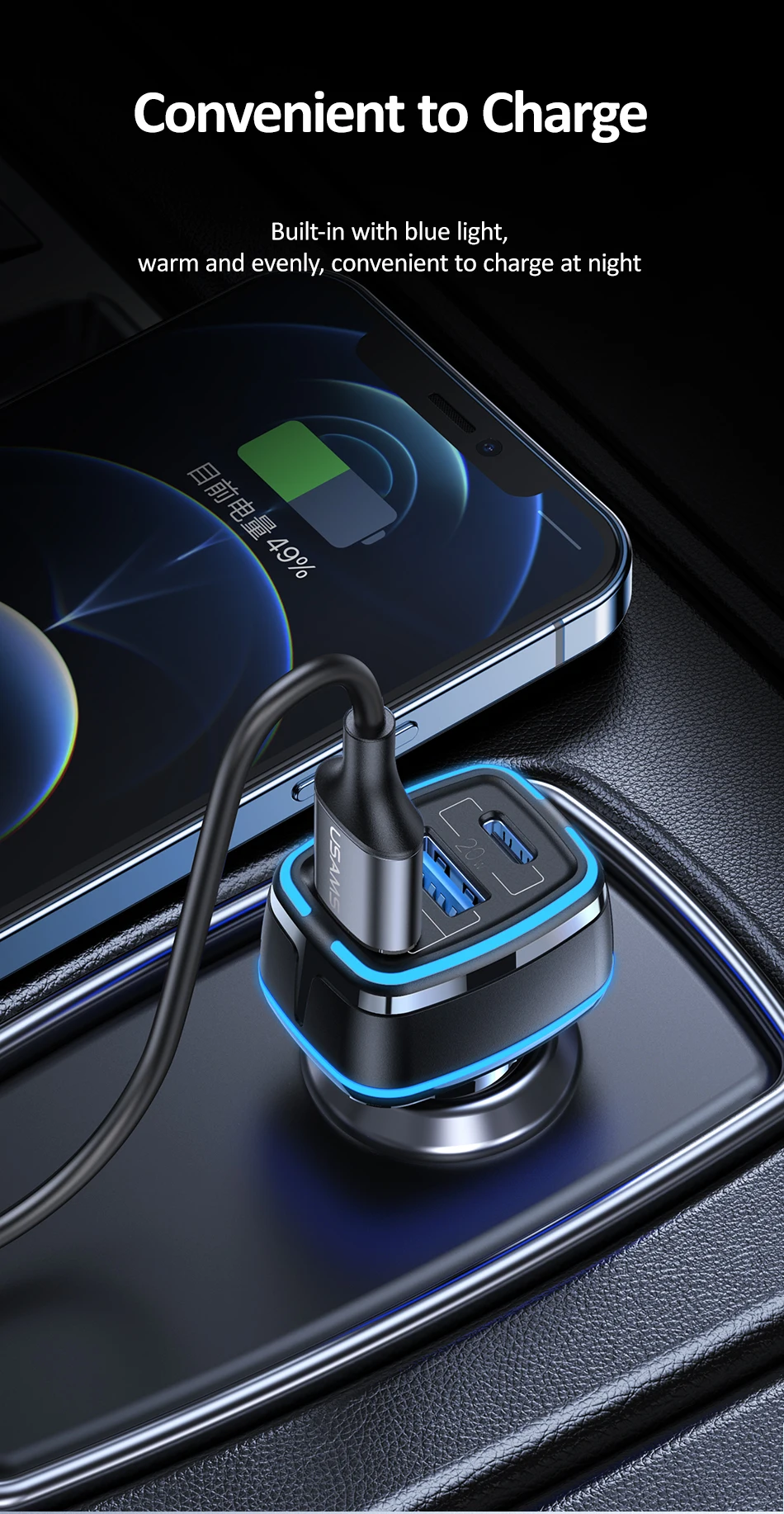 USAMS 80W Car Fast Charger with 3 Ports USB Type C PD 3.0 QC3.0 Quick Charge US-CC126 23 H15457fbe27e8441eac0701ca00c7dde0s