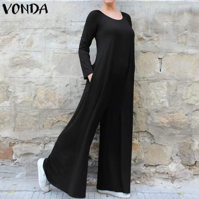 

VONDA Wide Leg Pants Women Bohemian Solid Playsuits Long Sleeve Plus Size Oversall Casual Loose Rompers Womens Jumpsuits S-5XL