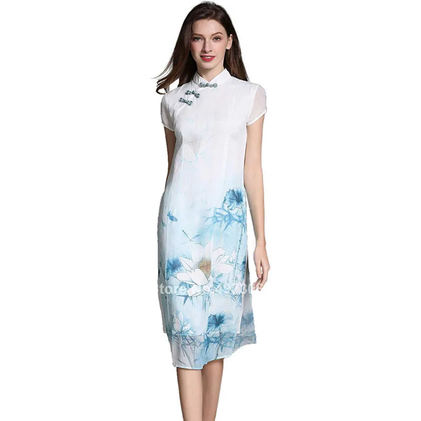 Tradisional Cina Wanita Vintage Lengan Pendek Bunga Lotus Lukisan Cetak Qipao Cheongsam Midi Cocktail Gaun Pakaian Cheongsams Aliexpress