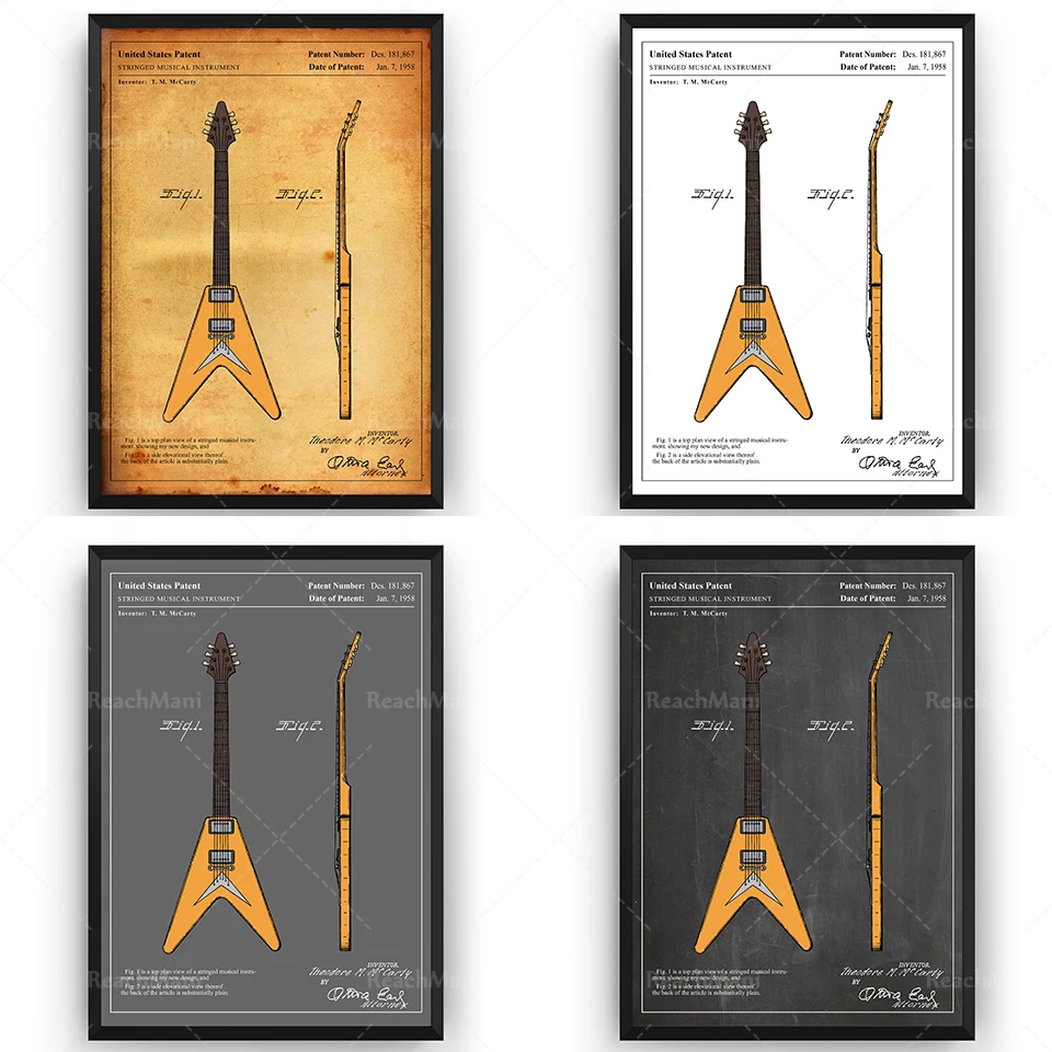 Gibson Flying V 1958 Chitarra Colorata Vernice Stampa Wall Art Poster Blueprint Gifts