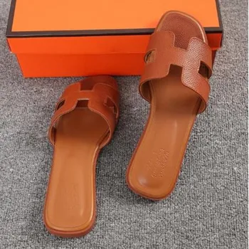 

Slippers Flip-Flops Women Shoes Summer Slippers Genuine Leather Square Toe Ladies Slides Outside Womens Slippers Flats Sandals
